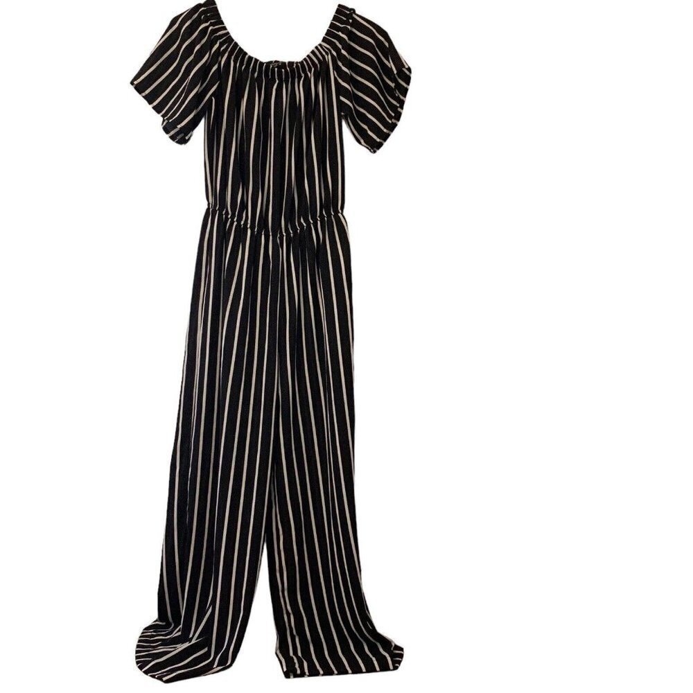 Ambiance Women's Elegant Black White Stripe Jumpsuit Off the Shoulder Size S‌‌
